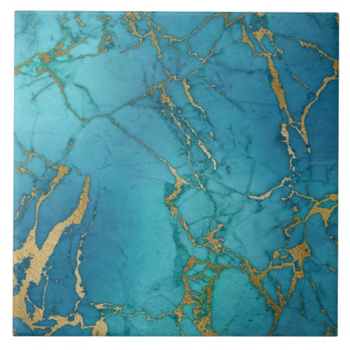 Marble Inspired Teal Blue Gold Tile
