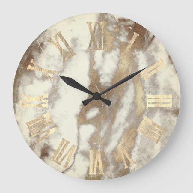 Marble Ivory Gray Gold Metal Stone Roman Numbers Large Clock (Front)