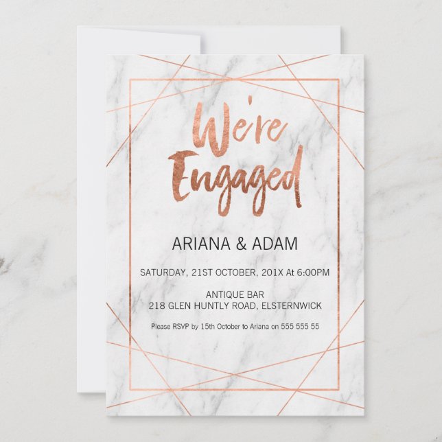 Marble Line Art Rose Gold Engagement Invitation (Front)