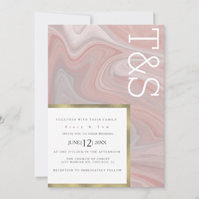 Marble Liquid Blush Gold Typography Wedding Invitation (Front)