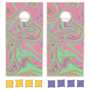 Marble Liquid Faux Gold Pink Greenish Cornhole Set