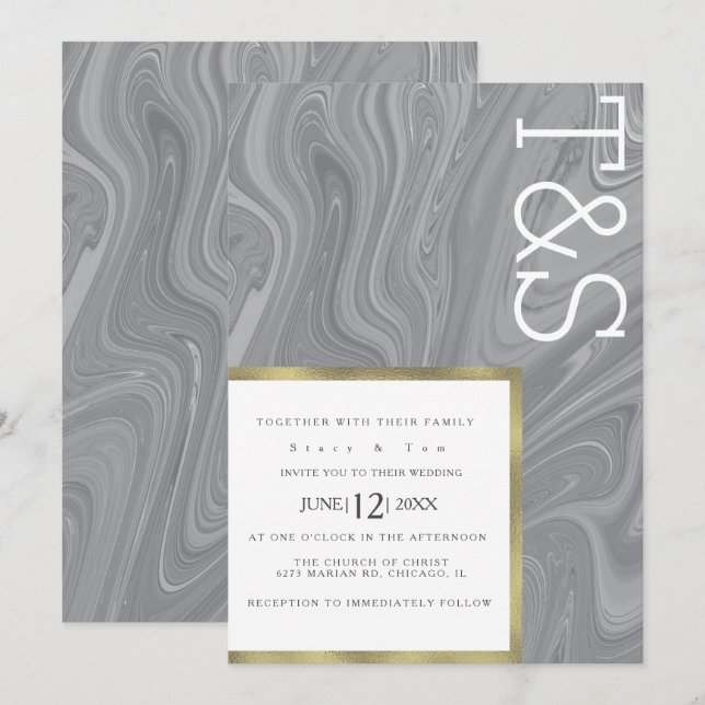 Marble Liquid Gray Agate Typography Wedding Invitation (Front/Back)