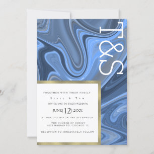 Marble Liquid Navy Blue Gold Typography Wedding Invitation