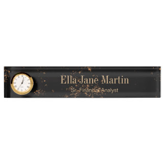 Marble Look Name Plate With Clock Desk Sign