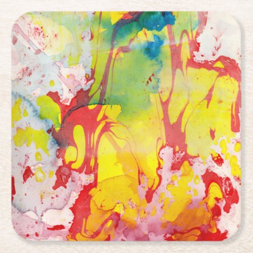 Marble Look Pink Red Yellow Blue Green Abstract Square Paper Coaster