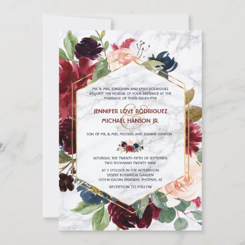 Marble Merlot Navy Gold Floral Bloom Wedding Invitation