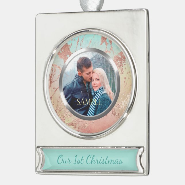 Marble Metallic Rose Gold First Christmas Silver Plated Banner Ornament (Left)