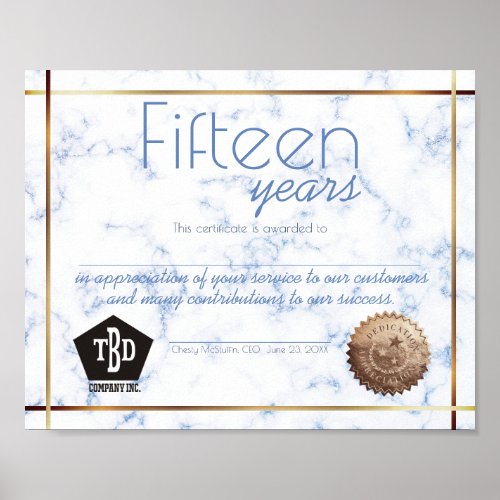 Marble milestone employee anniversary certificate poster