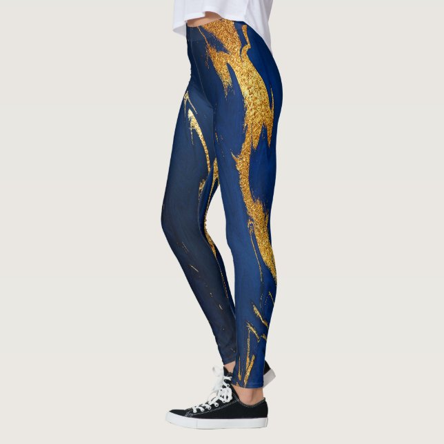 Marble Minimal Abstract Blue Navy Cobalt Gold Leggings (Left)