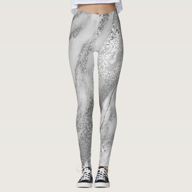 Marble Minimal Abstract Metallic Silver Gray Lux Leggings (Front)