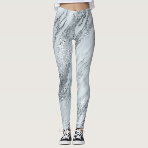 Marble Minimal Abstract Silver Gray Blue Leggings