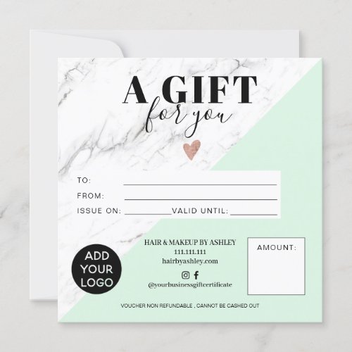 Marble mint block square gift certificate logo