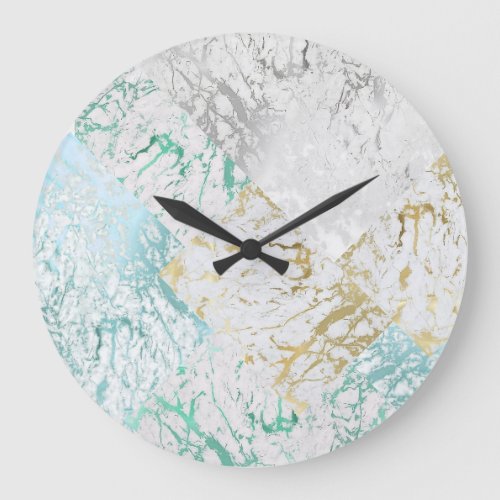 Marble Mint Green Blue Silver Gold Geometric Large Clock