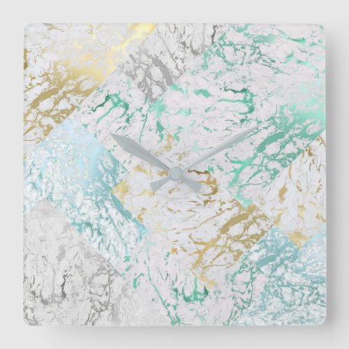 Marble Mint Green Blue Silver Gold Geometric Square Wall Clock
