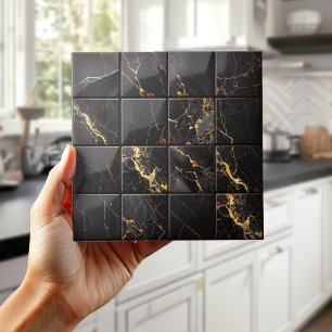 Marble Mix 4x4 Squares Black/Gold ID1186c Ceramic Tile