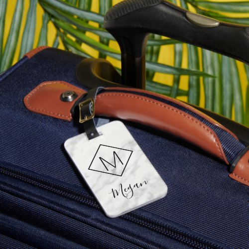 Marble Modern Black White Name Monogram Travel  Luggage Tag