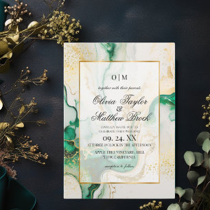 Marble Modern Emerald Green and gold Wedding Invitation