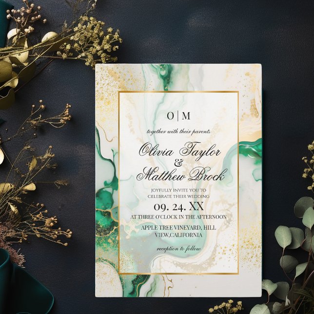 Marble Modern Emerald Green and gold Wedding Invitation (Creator Uploaded)