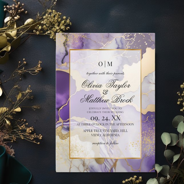 Marble Modern Purple and gold Wedding Invitation (Creator Uploaded)