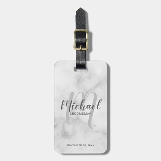 Marble Modern Script Personalized Groomsmen Luggage Tag (Front Vertical)