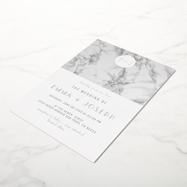 Marble Modern Simple Wedding Silver Foil Wedding Foil Invitation (Rotated)