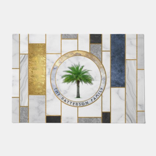 Marble Modern Tropical Palm Family Name Doormat