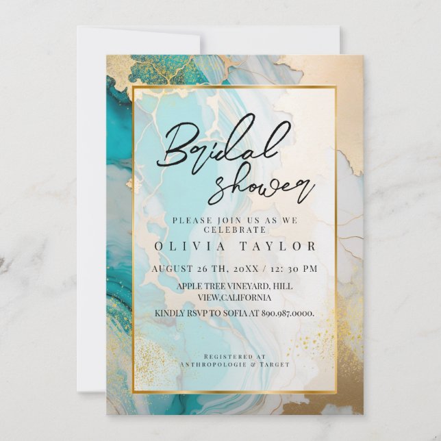 Marble Modern Turquoise and gold Bridal Shower Invitation (Front)