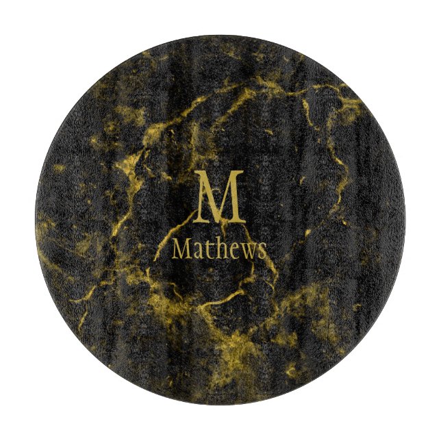 Marble Monogram Black Gold 12" Cutting Board (Front)