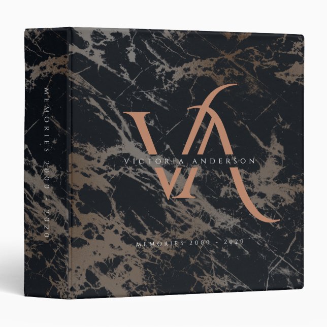 Marble Monogram Black Rose Gold Modern Photo Album 3 Ring Binder (Front/Spine)