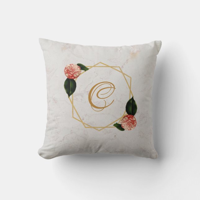 Marble Monogram Gold Pink Camellia Floral Geometry Throw Pillow (Front)
