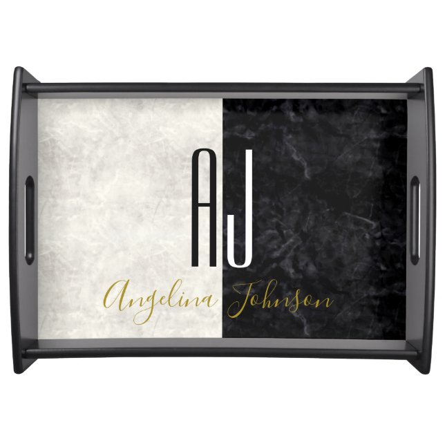 Marble Monogrammed Black and White Serving Tray (Front)