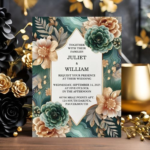 Marble Monstera Emerald Green And Gold Wedding Invitation