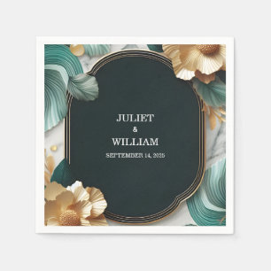 Marble Monstera Emerald Green And Gold Wedding Napkins