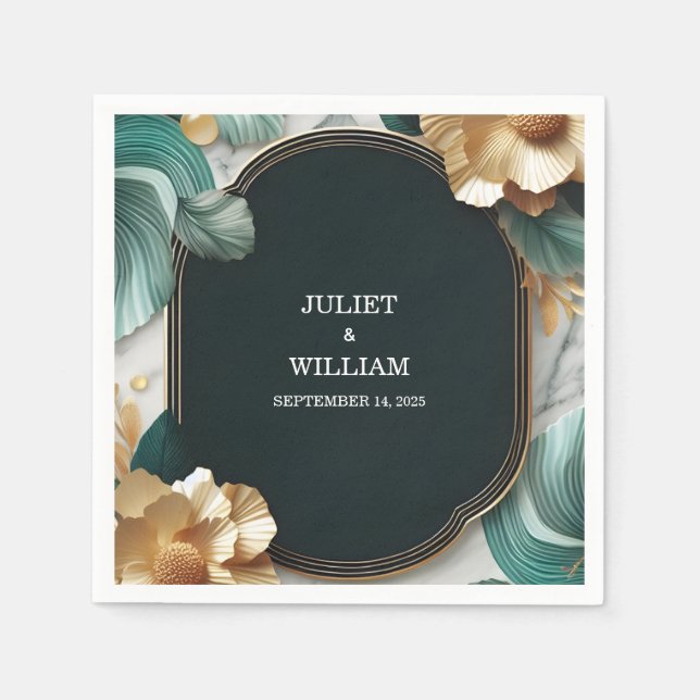 Marble Monstera Emerald Green And Gold Wedding Napkins (Front)
