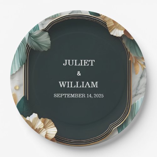 Marble Monstera Emerald Green And Gold Wedding Paper Plates