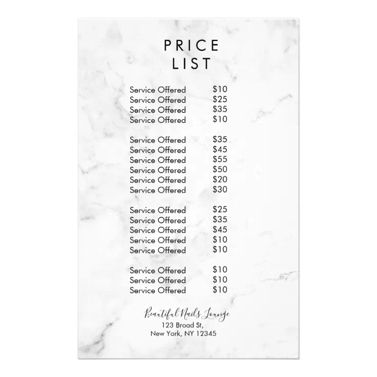 Marble Nail Salon Price List Menu Flyer | Zazzle