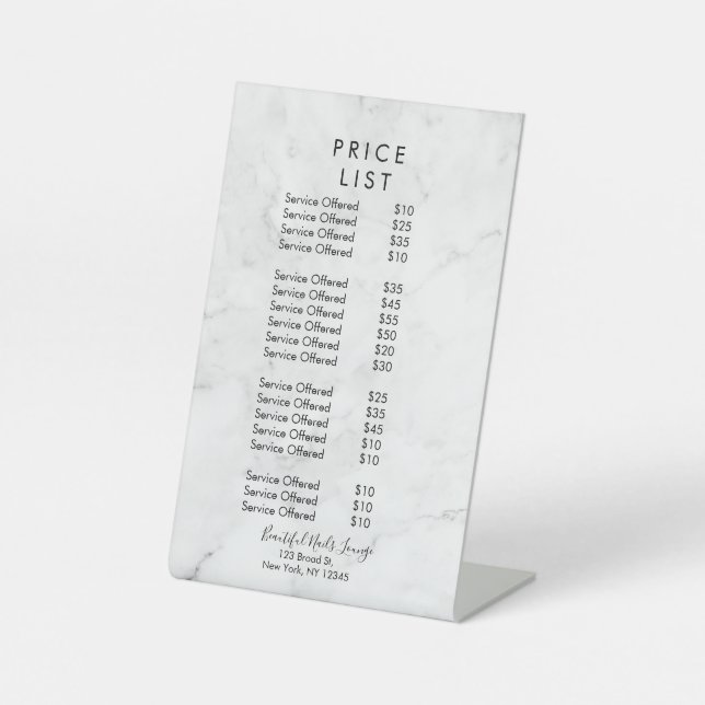 Marble  Nail Salon Professional Price List Menu  Pedestal Sign (Front)