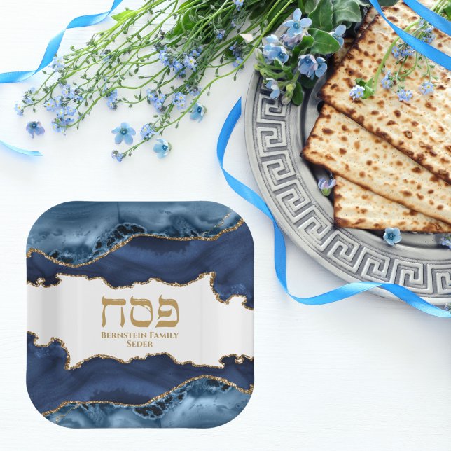 Marble Navy Blue and Gold Hebrew Pesach Sameach  Paper Plates (Creator Uploaded)