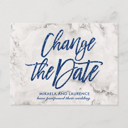 Marble Navy Blue glitter script change the date Announcement Postcard