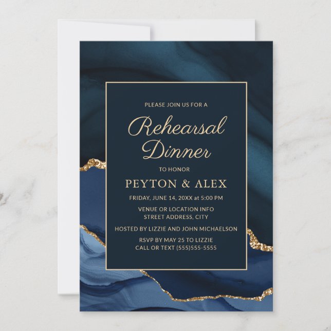Marble Navy Blue Gold Elegant Rehearsal Dinner Invitation (Front)