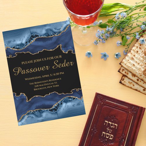 Marble Navy Blue Gold Passover Seder Invitation