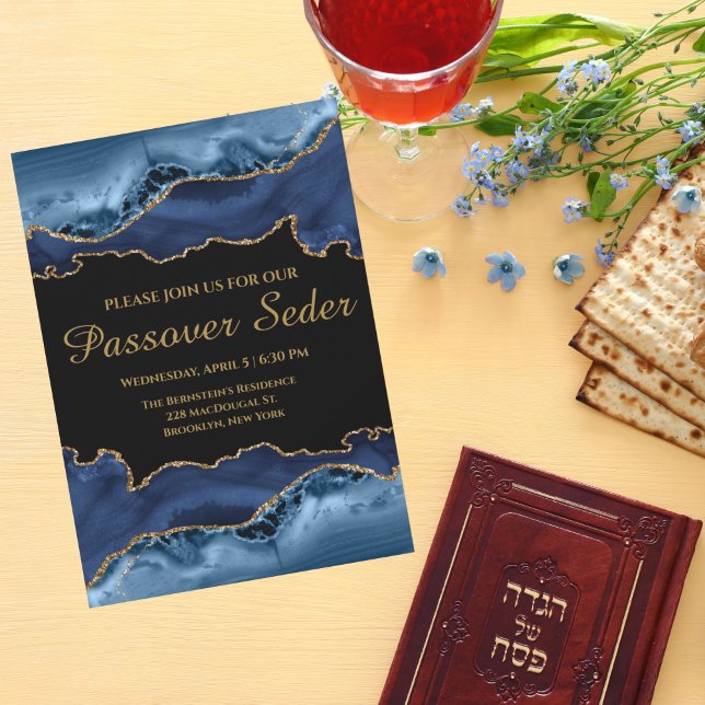 Marble Navy Blue Gold Passover Seder Invitation (Creator Uploaded)