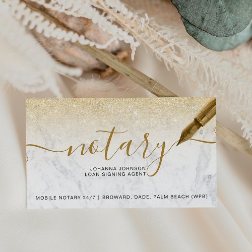 Marble Notary loan chic gold glitter typography Business Card
