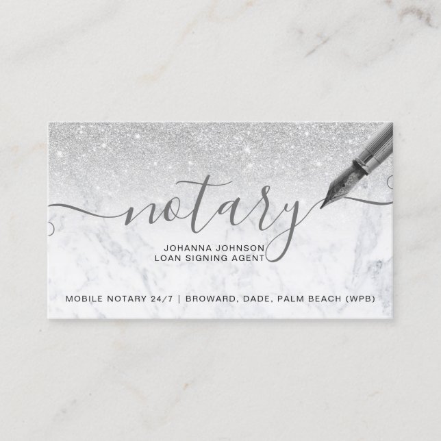 Marble Notary loan silver glitter typography Business Card (Front)