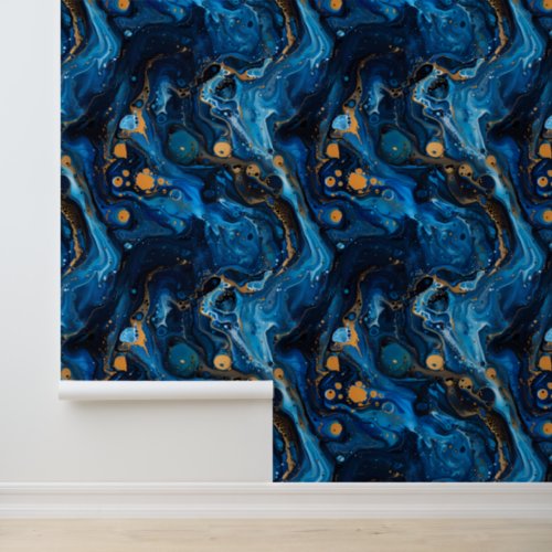 Marble Paint Pour Effect Midnight Blue Gold Wallpaper