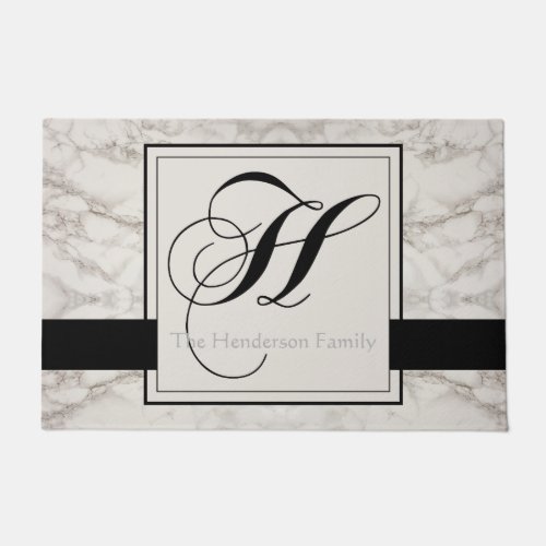 Marble Pattern Black Monogram H Add Name Elegant Doormat