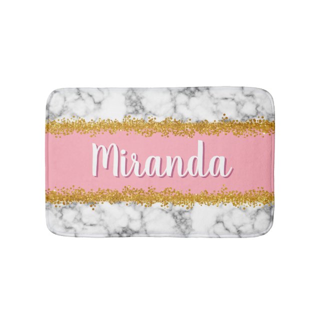 Marble Pattern on Pink with Gold Glitter Bath Mat (Front)