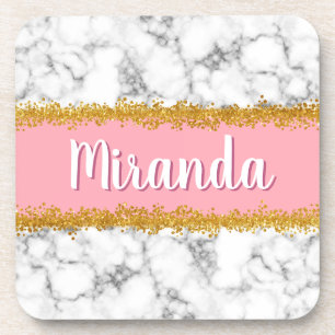 Marble Pattern on Pink with Gold Glitter Beverage Coaster