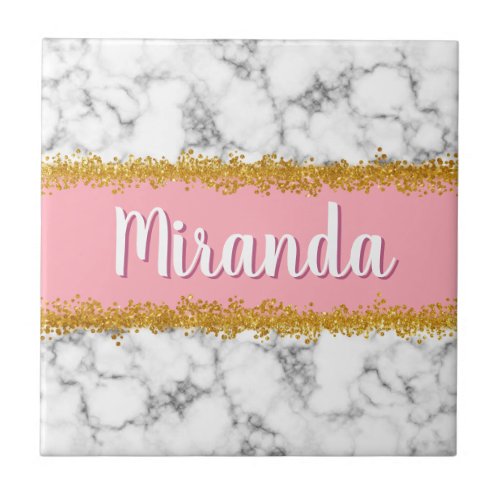 Marble Pattern on Pink with Gold Glitter Ceramic Tile