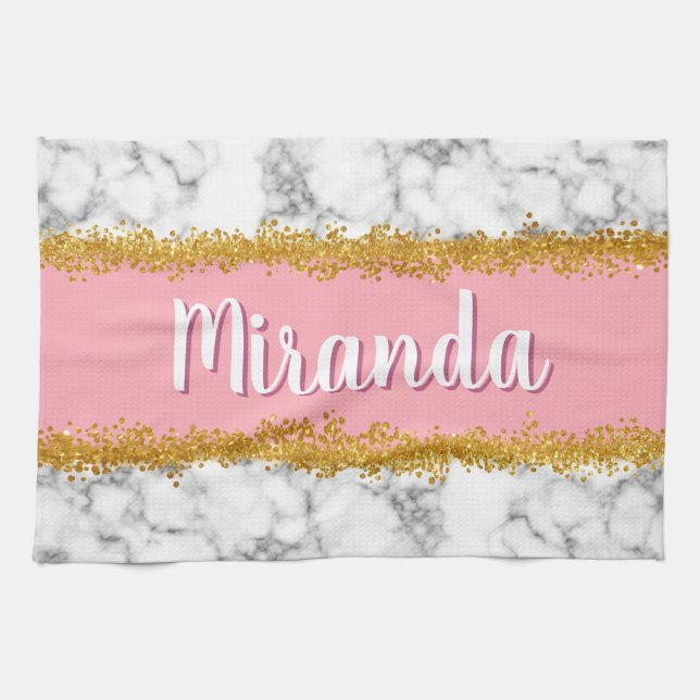 Marble Pattern on Pink with Gold Glitter Kitchen Towel (Horizontal)